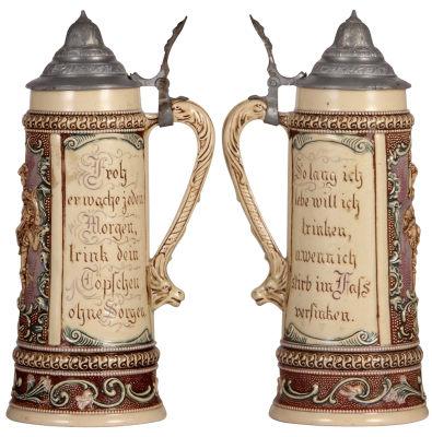 Two Diesinger steins, pottery, 1.0L, relief, #588, pewter lid, pewter tear; with, 1.0L, threading, pewter lid, base chip, lid dent, displays well. - 2