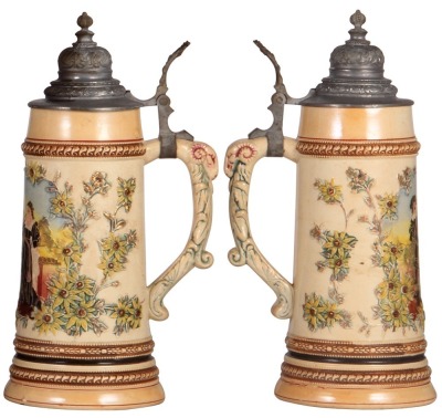 Two Diesinger steins, pottery, 1.0L, relief, #588, pewter lid, pewter tear; with, 1.0L, threading, pewter lid, base chip, lid dent, displays well. - 3