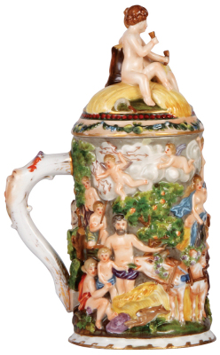 Porcelain stein, 1.2L, 11.8" ht., hand-painted relief, marked N with crown, Capo-di-Monte, porcelain set-on lid, excellent repair to arm and cup on the lid, base chip repair. - 4