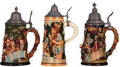 Three pottery steins, .5L, relief, marked 1446, 2, 1400, pewter lids, first has a 1" faint line on underside, otherwise all in good condition. - 2