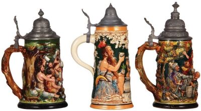 Three pottery steins, .5L, relief, marked 1446, 2, 1400, pewter lids, first has a 1" faint line on underside, otherwise all in good condition. - 3