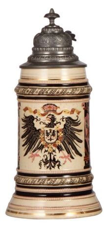 Pottery stein, .5L, relief, marked 43, by Diesinger, eagle, pewter lid, gold bands have slight wear, otherwise very good condition.