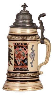 Pottery stein, .5L, relief, marked 43, by Diesinger, eagle, pewter lid, gold bands have slight wear, otherwise very good condition. - 2