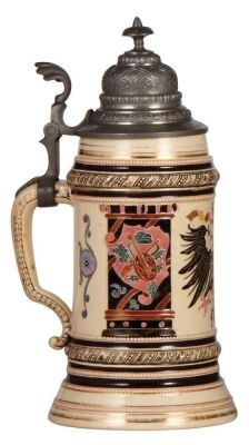 Pottery stein, .5L, relief, marked 43, by Diesinger, eagle, pewter lid, gold bands have slight wear, otherwise very good condition. - 3