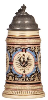Pottery stein, .5L, relief, marked 42, by Diesinger, eagle, pewter lid, very good condition.