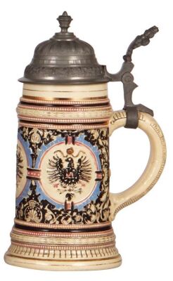 Pottery stein, .5L, relief, marked 42, by Diesinger, eagle, pewter lid, very good condition. - 2