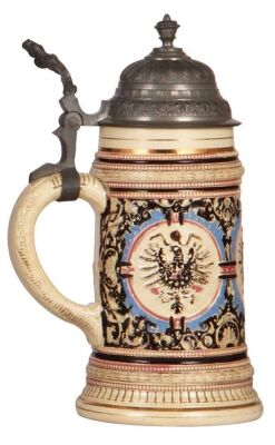 Pottery stein, .5L, relief, marked 42, by Diesinger, eagle, pewter lid, very good condition. - 3