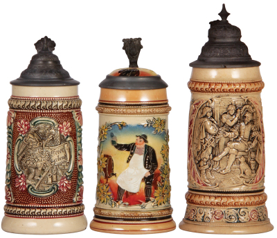 Three Diesinger steins, pottery, .5L, 655, relief; with, .5L, threading & relief, inlaid lid, hairline on top rim; with, .5L, 26, relief, browning, most have pewter lids, unless noted in very good condition.