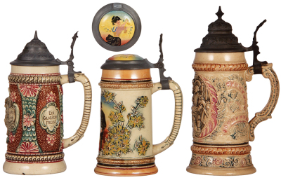 Three Diesinger steins, pottery, .5L, 655, relief; with, .5L, threading & relief, inlaid lid, hairline on top rim; with, .5L, 26, relief, browning, most have pewter lids, unless noted in very good condition. - 2