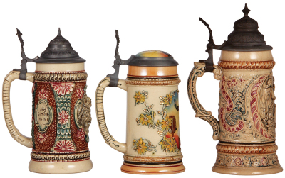 Three Diesinger steins, pottery, .5L, 655, relief; with, .5L, threading & relief, inlaid lid, hairline on top rim; with, .5L, 26, relief, browning, most have pewter lids, unless noted in very good condition. - 3