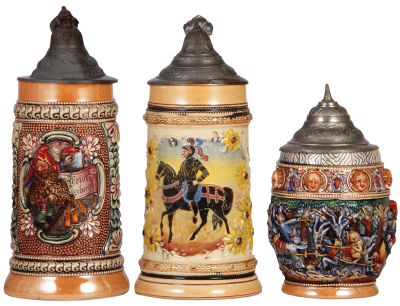 Three Diesinger steins, pottery, .5L, 655, relief, good condition; with, .5L, threading & relief, pewter damage glued in rear; with, .5L, relief, pewter tear soldered, good condition, overall they look good.