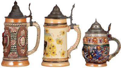 Three Diesinger steins, pottery, .5L, 655, relief, good condition; with, .5L, threading & relief, pewter damage glued in rear; with, .5L, relief, pewter tear soldered, good condition, overall they look good. - 2