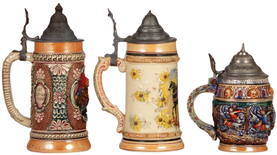 Three Diesinger steins, pottery, .5L, 655, relief, good condition; with, .5L, threading & relief, pewter damage glued in rear; with, .5L, relief, pewter tear soldered, good condition, overall they look good. - 3