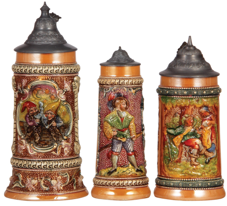 Three Diesinger steins, pottery, .5L, 649, relief; with, .25L, 601, relief, pewter tear, no thumblift; with, .5L, 48, relief, all have pewter lids, good condition, overall they look good.