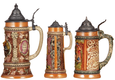 Three Diesinger steins, pottery, .5L, 649, relief; with, .25L, 601, relief, pewter tear, no thumblift; with, .5L, 48, relief, all have pewter lids, good condition, overall they look good. - 2