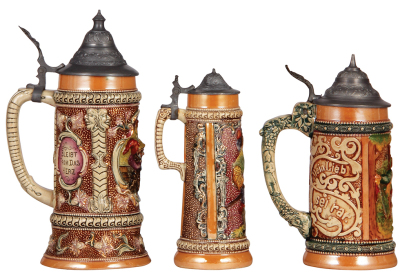 Three Diesinger steins, pottery, .5L, 649, relief; with, .25L, 601, relief, pewter tear, no thumblift; with, .5L, 48, relief, all have pewter lids, good condition, overall they look good. - 3