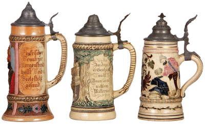 Three Diesinger steins, pottery, .5L, relief; with, .5L, 586, relief, pewter dent; with, .5L, 1099, threading, all have pewter lids, good condition, overall they look good. - 2