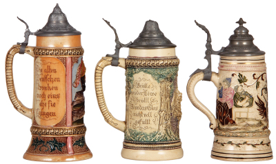 Three Diesinger steins, pottery, .5L, relief; with, .5L, 586, relief, pewter dent; with, .5L, 1099, threading, all have pewter lids, good condition, overall they look good. - 3