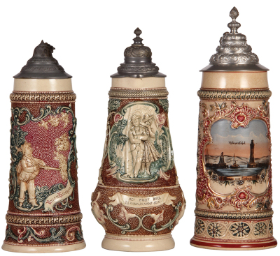 Three Diesinger steins, pottery, 1.0L, 590, relief; with, 1.5L, 12.5" ht., 595, relief; with, 1.0L, transfer & hand-painted, relief, 187, Lindau, browning, all have pewter lids, good condition.