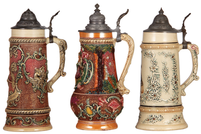 Three Diesinger steins, pottery, 1.0L, 564, relief, good condition; with, 1.5L, 12.3" ht., 575, relief, small chips on relief & top rim; with, 1.0L, threading & relief, good condition, overall they look good. - 2