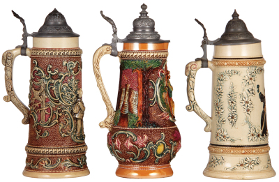 Three Diesinger steins, pottery, 1.0L, 564, relief, good condition; with, 1.5L, 12.3" ht., 575, relief, small chips on relief & top rim; with, 1.0L, threading & relief, good condition, overall they look good. - 3