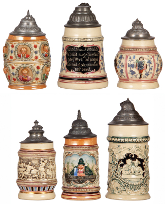 Six Diesinger steins, pottery, .5L, relief; with, .5L, 1216, threading; with, .25L, threading, 1286; with, .25L, 26, relief, pewter dent; with, .25L, 184, threading, chip & hairlines, missing thumblift; with, .5L, 34, relief, all have pewter lids, unless 