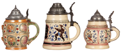 Six Diesinger steins, pottery, .5L, relief; with, .5L, 1216, threading; with, .25L, threading, 1286; with, .25L, 26, relief, pewter dent; with, .25L, 184, threading, chip & hairlines, missing thumblift; with, .5L, 34, relief, all have pewter lids, unless - 4