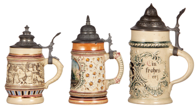 Six Diesinger steins, pottery, .5L, relief; with, .5L, 1216, threading; with, .25L, threading, 1286; with, .25L, 26, relief, pewter dent; with, .25L, 184, threading, chip & hairlines, missing thumblift; with, .5L, 34, relief, all have pewter lids, unless - 5