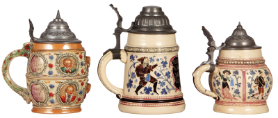 Six Diesinger steins, pottery, .5L, relief; with, .5L, 1216, threading; with, .25L, threading, 1286; with, .25L, 26, relief, pewter dent; with, .25L, 184, threading, chip & hairlines, missing thumblift; with, .5L, 34, relief, all have pewter lids, unless - 6