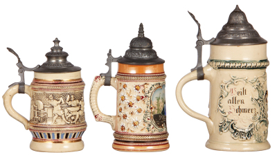 Six Diesinger steins, pottery, .5L, relief; with, .5L, 1216, threading; with, .25L, threading, 1286; with, .25L, 26, relief, pewter dent; with, .25L, 184, threading, chip & hairlines, missing thumblift; with, .5L, 34, relief, all have pewter lids, unless - 7