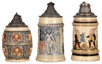 Six Diesinger steins, pottery, .5L, relief; with, .5L, 14, relief; with, .5L, 1072, threading; with, .5L, 3, etched, faint hairline on top rim; with, .5L, 586, relief, pewter dented & torn, all have pewter lids, unless noted in good condition, overall the - 2