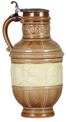 Porcelain stein, 3.0L, 14.8'' ht., glazed & relief, marked with scepter & K.P.M., German leaders 1640 - 1861, pewter lid is an old replacement, small flakes on center panel rim. - 3