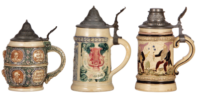 Six Diesinger steins, pottery, .5L, relief; with, .5L, 14, relief; with, .5L, 1072, threading; with, .5L, 3, etched, faint hairline on top rim; with, .5L, 586, relief, pewter dented & torn, all have pewter lids, unless noted in good condition, overall the - 4