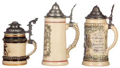 Six Diesinger steins, pottery, .5L, relief; with, .5L, 14, relief; with, .5L, 1072, threading; with, .5L, 3, etched, faint hairline on top rim; with, .5L, 586, relief, pewter dented & torn, all have pewter lids, unless noted in good condition, overall the - 5