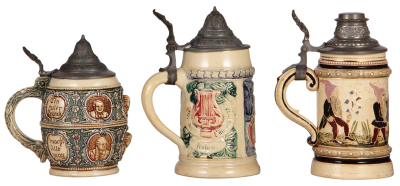 Six Diesinger steins, pottery, .5L, relief; with, .5L, 14, relief; with, .5L, 1072, threading; with, .5L, 3, etched, faint hairline on top rim; with, .5L, 586, relief, pewter dented & torn, all have pewter lids, unless noted in good condition, overall the - 6