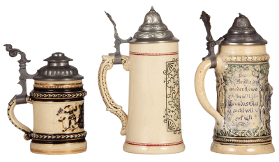 Six Diesinger steins, pottery, .5L, relief; with, .5L, 14, relief; with, .5L, 1072, threading; with, .5L, 3, etched, faint hairline on top rim; with, .5L, 586, relief, pewter dented & torn, all have pewter lids, unless noted in good condition, overall the - 7