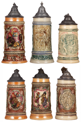 Six Diesinger steins, pottery, .5L, 654, relief, handle repaired; with, .5L, 942, relief, handle glued; with, .5L, 54, relief, pewter lid, base fracture; with, .5L, 655, flakes on face; with, .5L, relief, lid bent, base wear; with, .5L, 664, relief, pewte