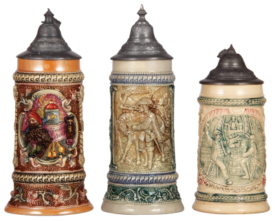 Six Diesinger steins, pottery, .5L, 654, relief, handle repaired; with, .5L, 942, relief, handle glued; with, .5L, 54, relief, pewter lid, base fracture; with, .5L, 655, flakes on face; with, .5L, relief, lid bent, base wear; with, .5L, 664, relief, pewte - 2