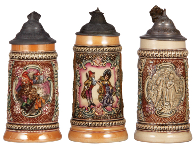 Six Diesinger steins, pottery, .5L, 654, relief, handle repaired; with, .5L, 942, relief, handle glued; with, .5L, 54, relief, pewter lid, base fracture; with, .5L, 655, flakes on face; with, .5L, relief, lid bent, base wear; with, .5L, 664, relief, pewte - 3