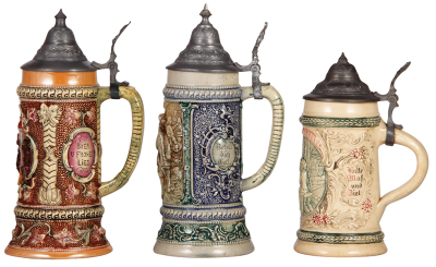 Six Diesinger steins, pottery, .5L, 654, relief, handle repaired; with, .5L, 942, relief, handle glued; with, .5L, 54, relief, pewter lid, base fracture; with, .5L, 655, flakes on face; with, .5L, relief, lid bent, base wear; with, .5L, 664, relief, pewte - 4