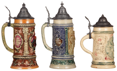 Six Diesinger steins, pottery, .5L, 654, relief, handle repaired; with, .5L, 942, relief, handle glued; with, .5L, 54, relief, pewter lid, base fracture; with, .5L, 655, flakes on face; with, .5L, relief, lid bent, base wear; with, .5L, 664, relief, pewte - 5