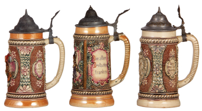 Six Diesinger steins, pottery, .5L, 654, relief, handle repaired; with, .5L, 942, relief, handle glued; with, .5L, 54, relief, pewter lid, base fracture; with, .5L, 655, flakes on face; with, .5L, relief, lid bent, base wear; with, .5L, 664, relief, pewte - 6