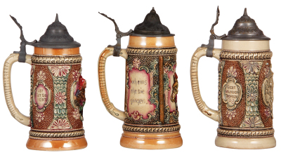 Six Diesinger steins, pottery, .5L, 654, relief, handle repaired; with, .5L, 942, relief, handle glued; with, .5L, 54, relief, pewter lid, base fracture; with, .5L, 655, flakes on face; with, .5L, relief, lid bent, base wear; with, .5L, 664, relief, pewte - 7