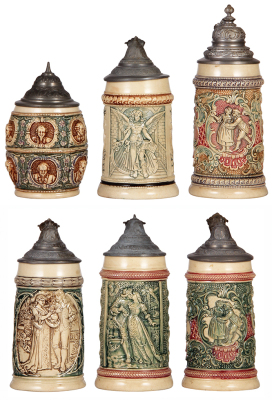 Six Diesinger steins, pottery, .5L, relief; with, .5L, 14, relief, minor pewter tear; with, .5L, 45, relief, pewter dent, flake; with, .5L, 44, relief; with, .5L, 45, relief, pewter dented & tears, base chip, all have pewter lids, unless noted in good con