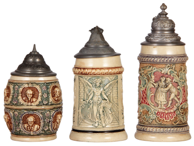 Six Diesinger steins, pottery, .5L, relief; with, .5L, 14, relief, minor pewter tear; with, .5L, 45, relief, pewter dent, flake; with, .5L, 44, relief; with, .5L, 45, relief, pewter dented & tears, base chip, all have pewter lids, unless noted in good con - 2