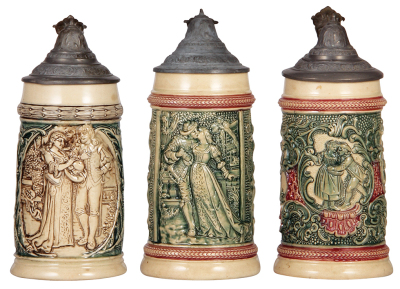 Six Diesinger steins, pottery, .5L, relief; with, .5L, 14, relief, minor pewter tear; with, .5L, 45, relief, pewter dent, flake; with, .5L, 44, relief; with, .5L, 45, relief, pewter dented & tears, base chip, all have pewter lids, unless noted in good con - 3