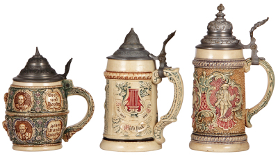 Six Diesinger steins, pottery, .5L, relief; with, .5L, 14, relief, minor pewter tear; with, .5L, 45, relief, pewter dent, flake; with, .5L, 44, relief; with, .5L, 45, relief, pewter dented & tears, base chip, all have pewter lids, unless noted in good con - 4