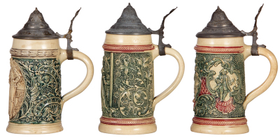 Six Diesinger steins, pottery, .5L, relief; with, .5L, 14, relief, minor pewter tear; with, .5L, 45, relief, pewter dent, flake; with, .5L, 44, relief; with, .5L, 45, relief, pewter dented & tears, base chip, all have pewter lids, unless noted in good con - 5