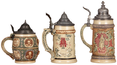 Six Diesinger steins, pottery, .5L, relief; with, .5L, 14, relief, minor pewter tear; with, .5L, 45, relief, pewter dent, flake; with, .5L, 44, relief; with, .5L, 45, relief, pewter dented & tears, base chip, all have pewter lids, unless noted in good con - 6