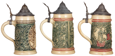 Six Diesinger steins, pottery, .5L, relief; with, .5L, 14, relief, minor pewter tear; with, .5L, 45, relief, pewter dent, flake; with, .5L, 44, relief; with, .5L, 45, relief, pewter dented & tears, base chip, all have pewter lids, unless noted in good con - 7